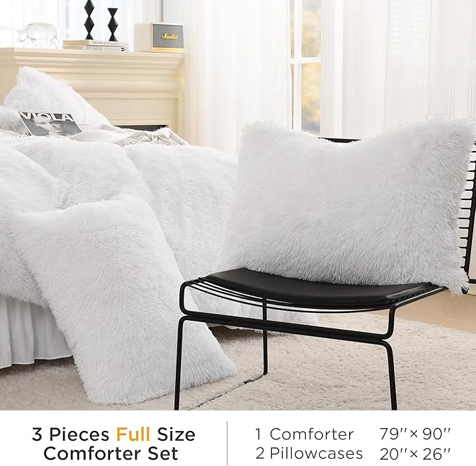 Litanika White Fluffy Comforter Full Size, Luxury Shaggy Plush Fuzzy Bedding Set for Full Bed, Ultra Soft Warm Velvet Comforter 3 Pieces(1 Faux Fur Comforter 79×90 Inch, 2 Pillowcases)