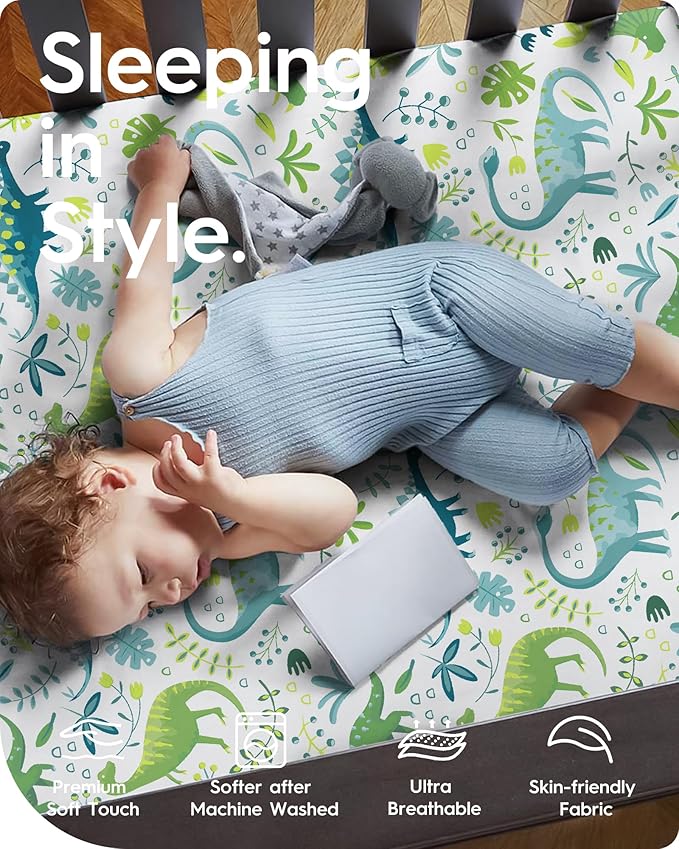 Dinosaur Crib Sheets for Boys, Premium Soft Crib Mattress Fitted Sheet, Ultra Breathable Baby Sheets, Super Stretchy Baby Bed Sheets 28x52x9 Extra Deep Pocket, 2 Pack