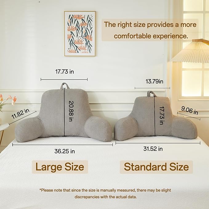 Back Pillow for Bed Sitting Up,Reading Pillow for Sitting in Bed Adult with Arm Pillow,Back Rest Pillow for Sitting in Bed with Pockets,While Gaming,Working,Watching,Large-Gray