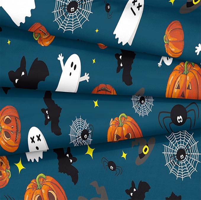 Bedbay Halloween Comforter Set Queen Size Halloween Bedding Set Full Cute Ghost Pumpkin Printed Blue Halloween Bedding 4-Piece with 1 Cushion Cover (Blue,Queen)