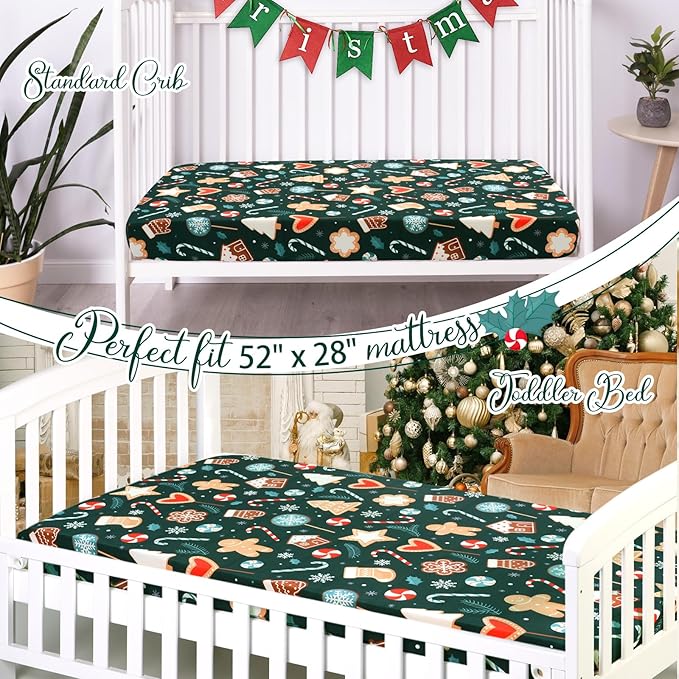 JISEN Christmas Crib Sheet Gingerbread Fitted Crib Sheet for Boys Girls Crib Mattress Cover Baby Sheet for Standard Crib and Toddler Mattress Soft Breathable Baby Bed Sheet for Neutral 52x28 Inch