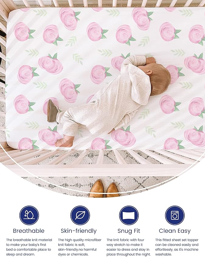 TotAha Premium Stretchy Crib Sheets (2-Pack)-Hypoallergenic, Silky Comfort, Buttery Soft, Calming Effect, All-Season Jersey-Knit Sheets, 9'' Extra Deep Pocket (Pink Buds & Green Leaves)