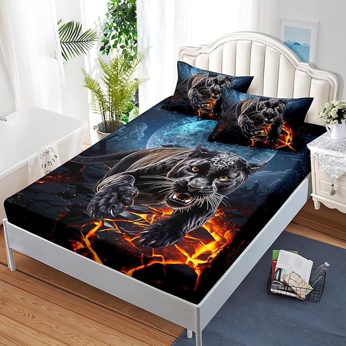 AILONEN Black Panther Fitted Sheet Set Queen Size,Safari Cheetah Leopard Print Bed Sheet Set,Magic Moon Animal Theme Leopard Fitted Sheet with 2 Pillowcases,3 Pieces Boys Queen Bed Sheet Set