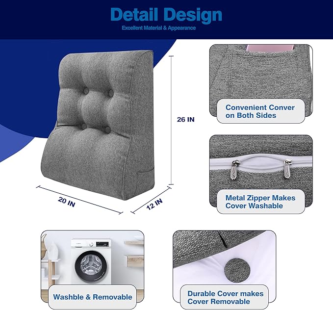 Daneey Bed Pillows for Sitting up in Bed, Reading Pillows for Sitting in Bed Adult, Back Pillow for Bed Sitting Up, Back Support Pillow for Bed Removable Breathable Cover, Gray