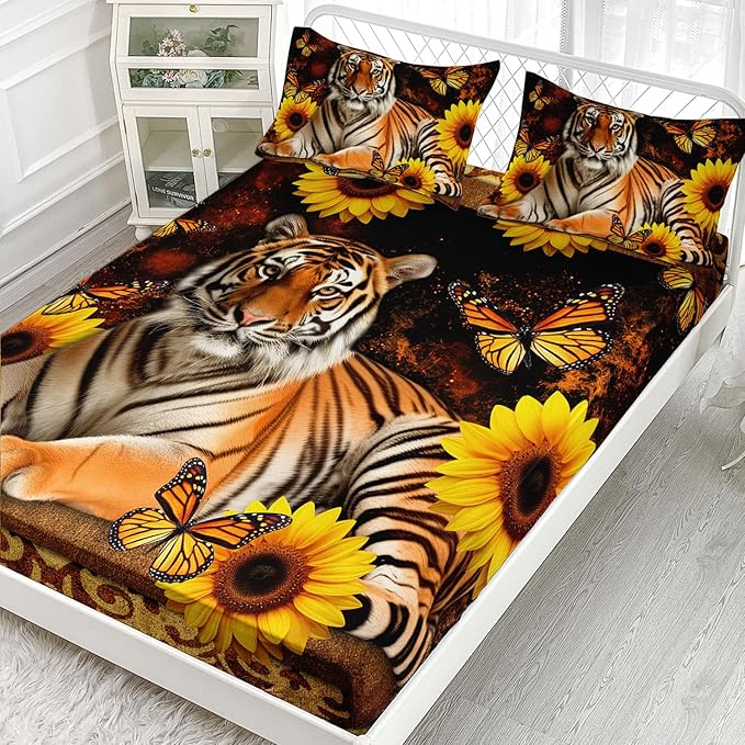 AILONEN Tiger Fitted Sheet Set Twin Size, Vintage Retro Boho Bed Sheet Set Sunflower Butterfly Sheet Set,3 Pieces Printed Teen Boys Tiger Fitted Sheet with 2 Pillowcases
