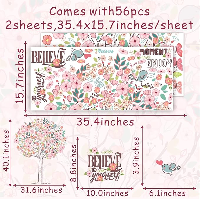 Large Pink Flowers Tree Wall Decals Spring Tree Wall Stickers Baby Girls Room Decor Believe Inspirational Quotes Wall Decals Peel and Stick Cherry Blossom Decals for Bedroom Nursery Living Room Decor