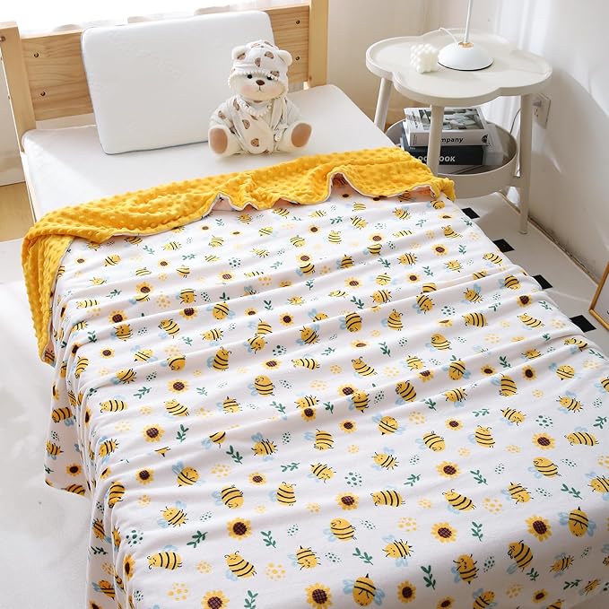 DaysU Silky Micro Soft Plush Baby Blankets Unisex with Print Animal Pattern and Soothing Raised Dots, Double Layer Bed Throws for Toddler Cot, Bee, Yellow, 50x60 Inches