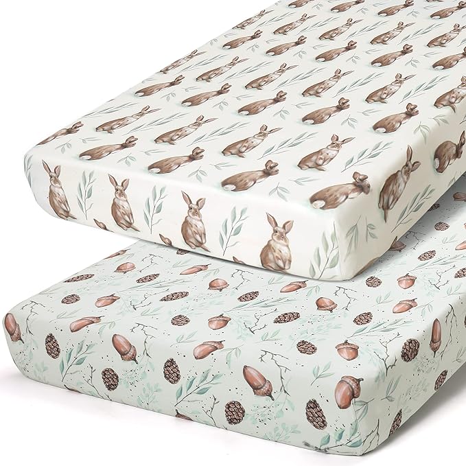ACRABROS Crib Sheets for Girl Boy: Stretchy Baby Fitted Crib Mattress Sheets Sets 2 Pack Standard Size Ultra Soft Neutral, Rabbit Nuts