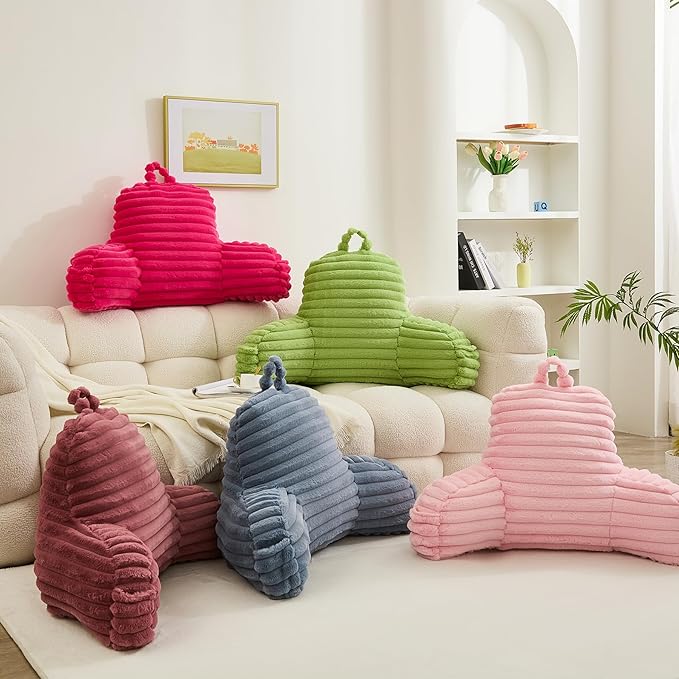 WERDIM Reading Pillow for Sitting in Bed, Faux Fur Back Pillow for Bed Rest, Bed Chair Pillow with Arms and Pockets(Large, Orange)