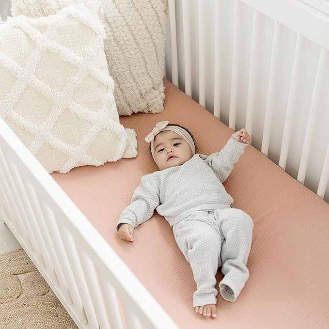 Konssy Muslin Fitted Crib Sheets 100% Cotton Baby Crib Sheets for Standard Crib Mattress (28 X 52 Inches), Soft and Breathable for Boy Girl(Peach)