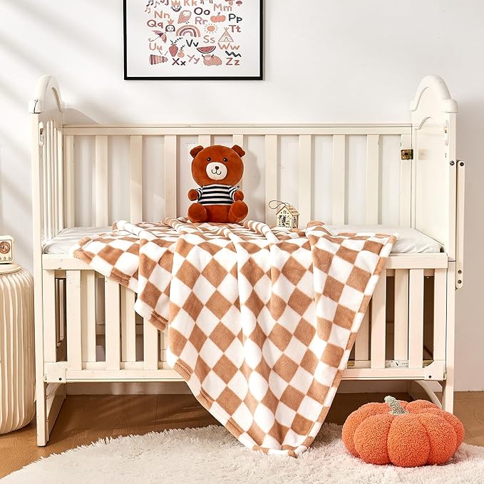 Checkered Baby Blanket Fleece Baby Blankets Neutral for Boys Girls, Super Soft Warm Lightweight Infant Toddler Newborn Receiving Blankets for Crib Stroller, 30''x40'', Khaki