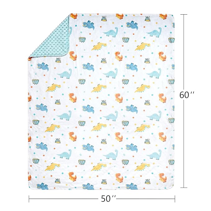 DaysU Silky Micro Soft Plush Baby Blankets for Boys with Print Animal Pattern and Soothing Raised Dots, Double Layer Bed Throws for Toddler Cot, Dinosaur, Aqua Blue, 50x60 Inches