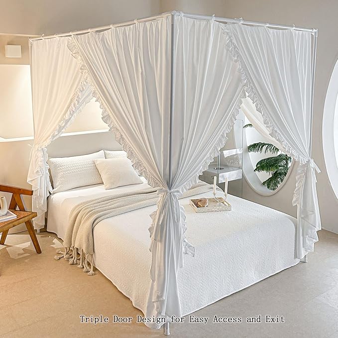 AIKASY Princess Canopy Bed Curtains with Top Ties - Windproof & Lightproof for Girls' Adult Bedroom Decor | Bed Canopy Drapes (Queen,White)
