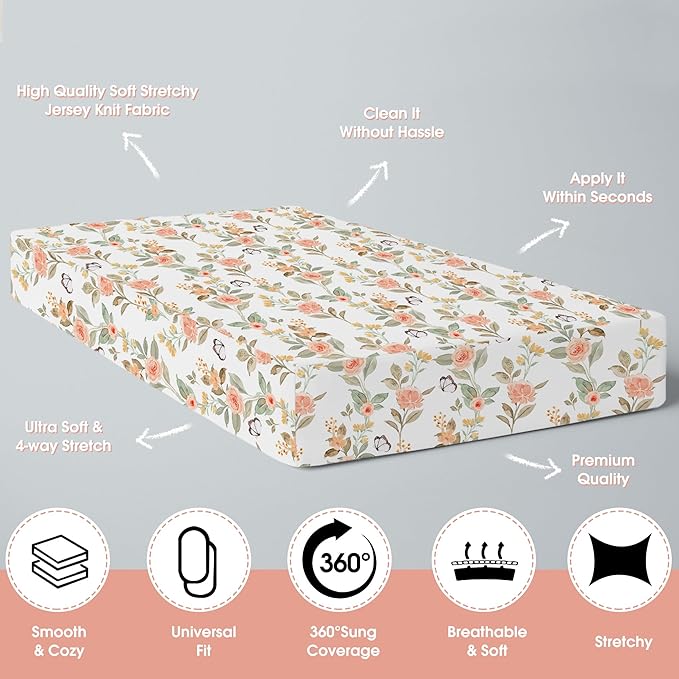 ACRABROS Crib Sheets for Girl Boy: Stretchy Baby Fitted Crib Mattress Sheets Sets 2 Pack Standard Size Ultra Soft Neutral, Rose&Leaf