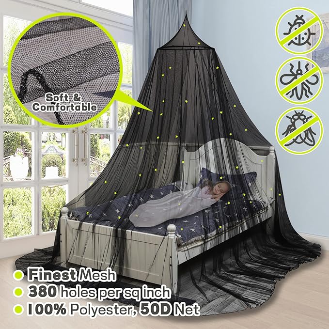 South to East Bed Canopy with Glowing Stars in The Dark, Black Bed Curtains for Kids Bed & Toddler Bed, Twin, Full & Queen Bed, Mosquito Net Canopy for Adult Bedoom, Easy to Install
