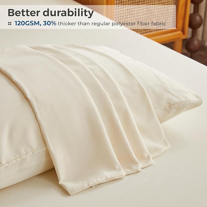 Full Sheets Cream, Ultral Soft Cationic Linen Look Sheets, Luxury Cooling Cozy Bed Sheet Set with Non-Slip Fitted Sheet