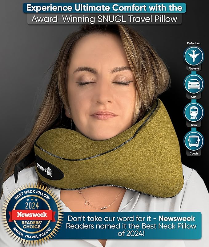 SNUGL Neck Travel Pillow - Memory Foam Airplane Pillow - Flight Pillow | Neck Support Travel Pillow with Carry Bag & Clip | Neck Pillows for Sleeping Travel Plane | Flying Travel Essentials - D.Yellow