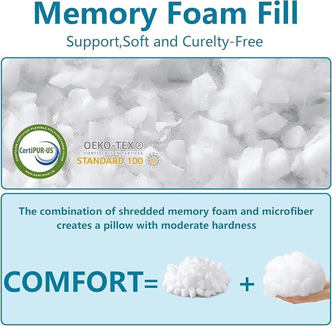 Shredded Memory Foam Pillows Standard Size Set of 2 Pack, Adjustable Cooling Bed Pillow for Side Back Sleepers with Washable Removable Cover