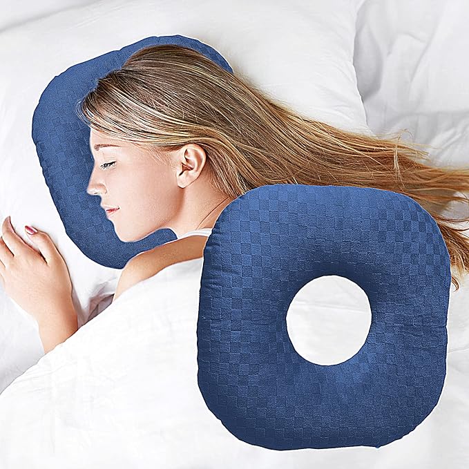 Ear Piercing Pillow for Side Sleepers, Pillow with an Ear Hole for CNH and Ear Pain Ear Inflammation Pressure Sores, O-Shaped Side Sleeping Pillow, Ear Guard Pillow(Dark Blue)