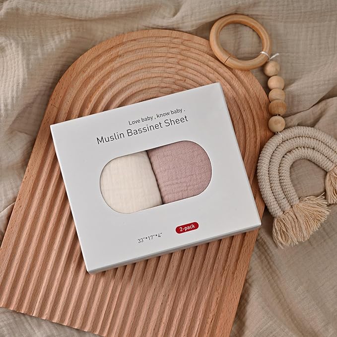 Muslin Bassinet Fitted Sheets, 2 Pack for Baby Boy and Girl, Soft Breathable Baby Pad/Mattress Sheet, Fit for Hourglass Oval and Rectangle Bassinet Mattress (Gentle Colors, Bassinet Sheets 2 Pack)