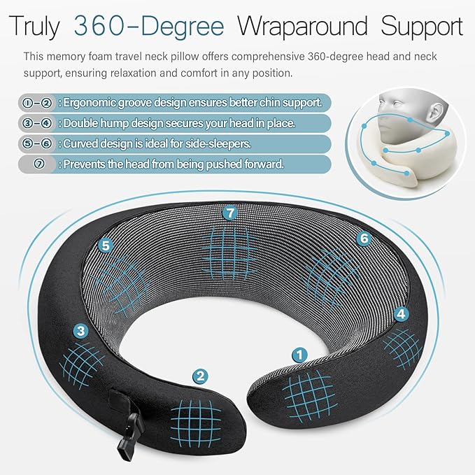 PORTHOLIC 2024 Upgraded Travel Neck Pillow with Buckle,100% Pure Memory Foam Travel Neck Pillow for Airplane Travel Flight Headrest Sleep, Portable Plane Accessories (Black)