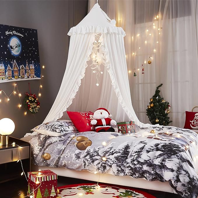 VETHIN Bed Canopy for Girls Kids,Princess Round Dome Children Dreamy Mosquito Net Bedding Girls Room Castle Play Tent Hanging House Decor Reading Nook Canopies (White)
