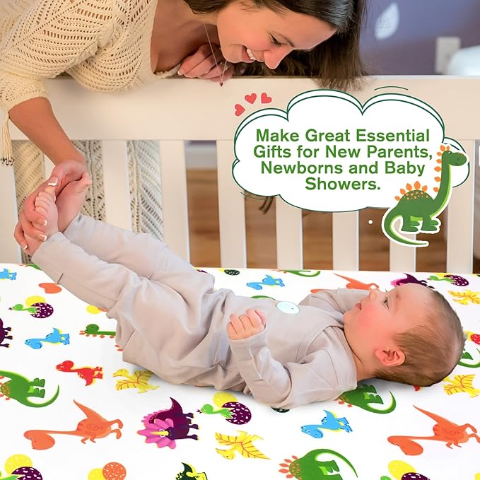 JISEN Baby Crib Sheets Soft Breathable Dinosaurs Fitted Crib Sheets Baby Sheet for Standard Crib and Toddler Mattress Baby Bed Sheets for Crib for Baby Boys Girls Neutral 52x28 Inch