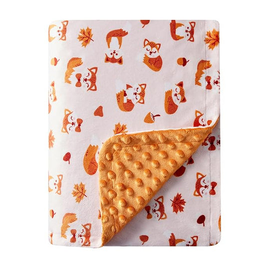 DaysU Silky Micro Soft Plush Baby Blankets Unisex with Print Animal Pattern and Soothing Raised Dots, Double Layer Bed Throws for Baby Crib, Fox, Orange, 30x40 Inches