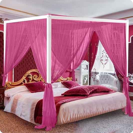 South to East Canopy Bed Curtains, 4 Corner Post Queen Bed Canopy for Girls, Wine Red Bed Drapes for Bedroom, King Canopy Bed Curtain, 100% Ripstop Polyester, Easy Installation, King/Queen Size Rose