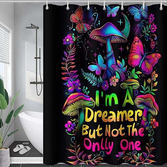 AILONEN Mushroom Shower Curtain,Colorful Butterfly Flower Decoration,Polyester Fabric,Waterproof,Botanical Fungus Plants Black Bath Curtains Washable,with 12 Plastic Hooks, 36" W x 72" H