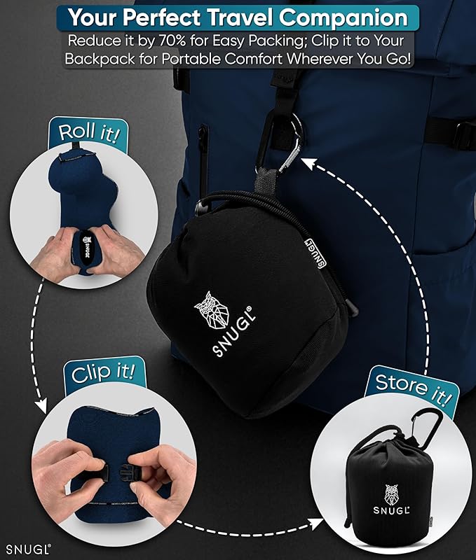 SNUGL Neck Travel Pillow - Memory Foam Airplane Pillow - Flight Pillow | Neck Support Travel Pillow with Carry Bag & Clip | Neck Pillows for Sleeping Travel Plane | Flying Travel Essentials - Navy