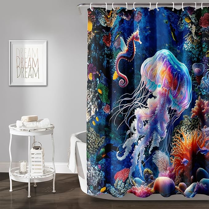 AILONEN Cartoon Jellyfish Shower Curtain,Underwater Animal Seahorses Style Bathroom Curtains Set for Kids,Girls,Ocean Theme Shower Curtains Set with Hooks for Bathroom,48" W*72" H