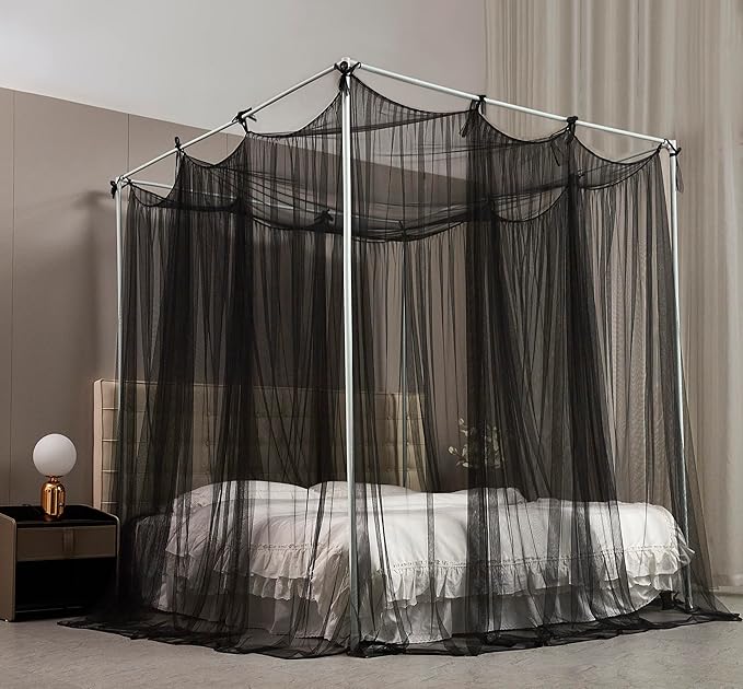 Mengersi Canopy Bed Curtains Bed Canopy with Lights for Girls, Bed Netting Unique Style 4 Door Mosquito Net for Adults Women Bedroom Decor (Black+Lights, King)