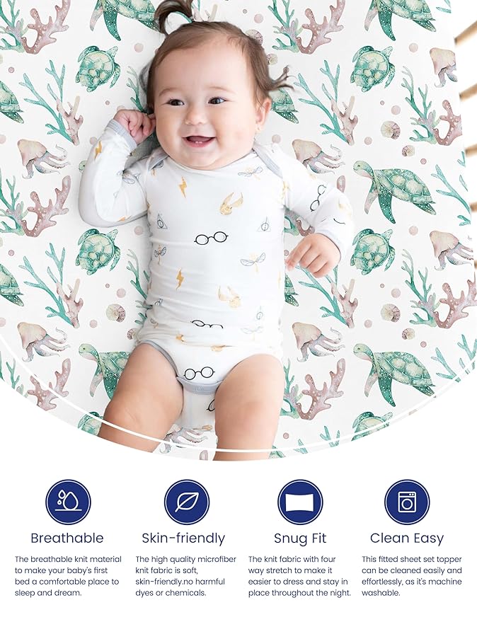 TotAha Crib Sheets for Boys Girls, Premium Soft Crib Mattress Fitted Sheet, Super Stretchy Jersey Knit Baby Sheets, Silky Comfort Baby Bed Sheets 28x52x9 Extra Deep Pocket, 2 Pack (Sea Animal)
