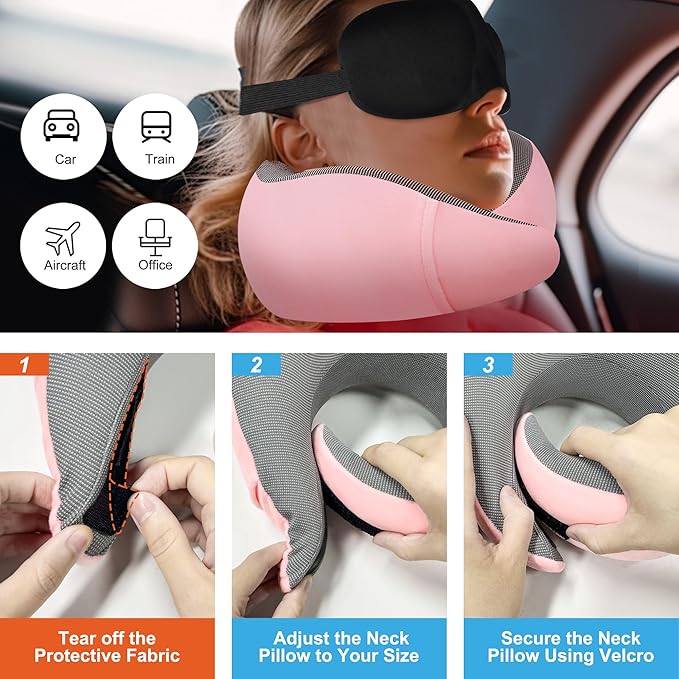 MULIHOMI™ New Packaging Updated Travel Pillow for Airplane with 100% Memory Foam, 360° Adjustable Full Surrounding Flying Neck Pillows, Travel Pillow Set with 3D Eye Masks, Earplugs (Pink)