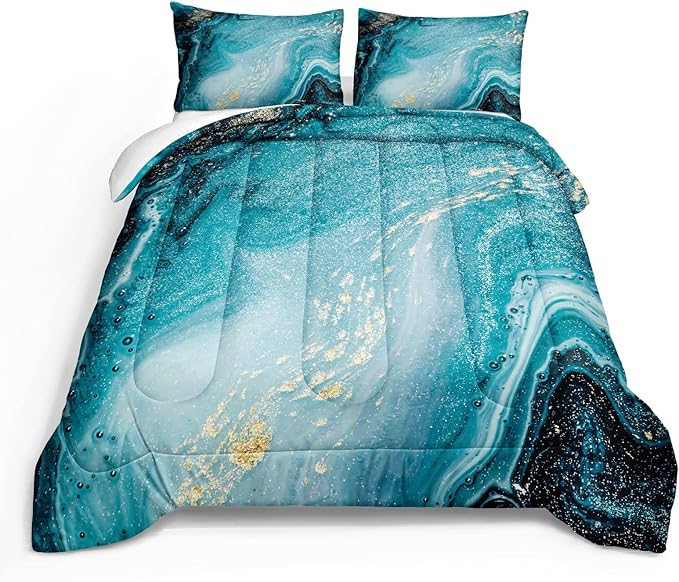 Bedbay Blue and Gold Marble Comforter Set for Girls Boys Teal Blue Bedding Set Twin 3 Pcs Western Bedding Comforter Abstract Art Duvet Set Soft Down Alternative Comforter Bedroom Decor(Blue,Twin)