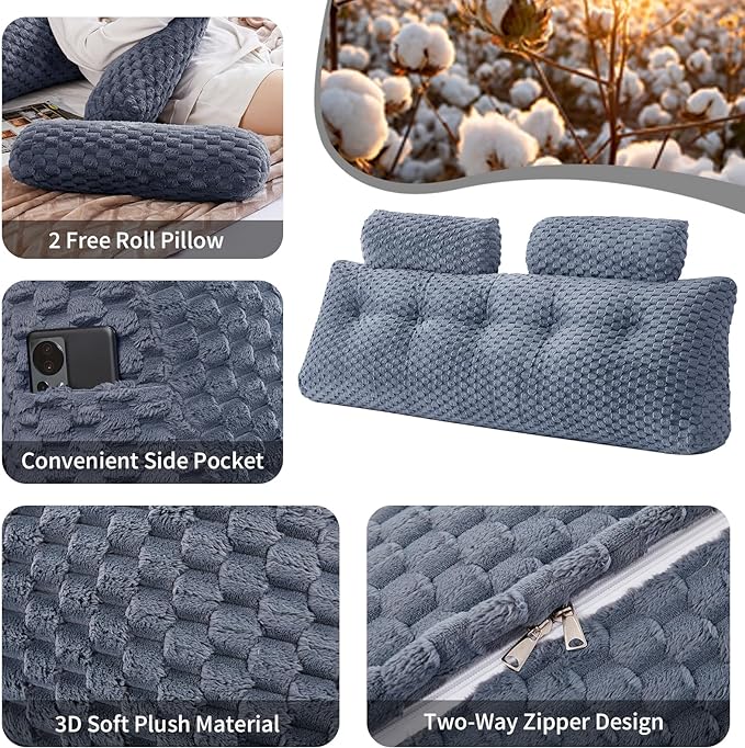 Wedge Headboard Pillow - Bed Wedge Pillow for Headboard Triangular Headboard Pillow with Neck Roll Pillow-Large Bolster Pillow for Sitting in Bed Backrest Positioning Support (Grey,59x8x20 Inches)