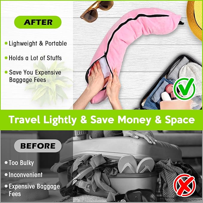 Travel Neck Pillow Stuffable with Clothes,Stuffable Neck Pillow for Traveling,Fillable Travel Neck Pillow Extra Storage Bag,Soft Velvet Neck Pillow Case Cover,Packable for Airplane Travel Essentials