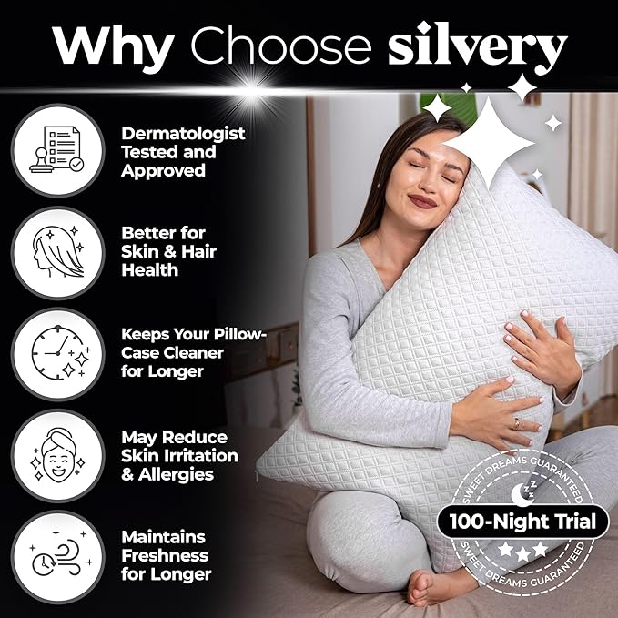 Silvery Memory Foam Bed Pillow - Patent-Pending Clean & Cool Technology - Adjustable Pillows for Side, Back & Stomach Sleepers, Queen Size 19” x 29”