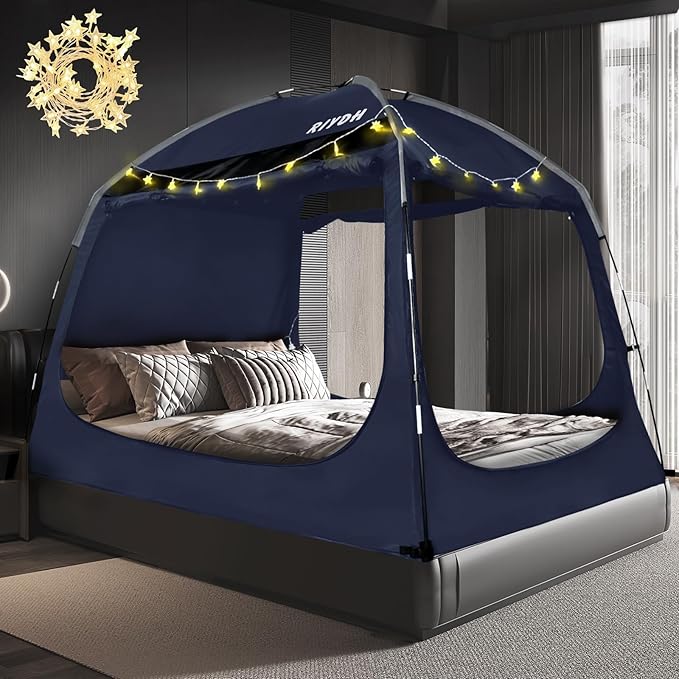 Bed Tent Bed Canopy Breathable 100% for Adult and Kids Light Reduction Sleeping Dream Tents Indoor Portable Big Space with String Light 3 Doors Twin Full Queen King Size