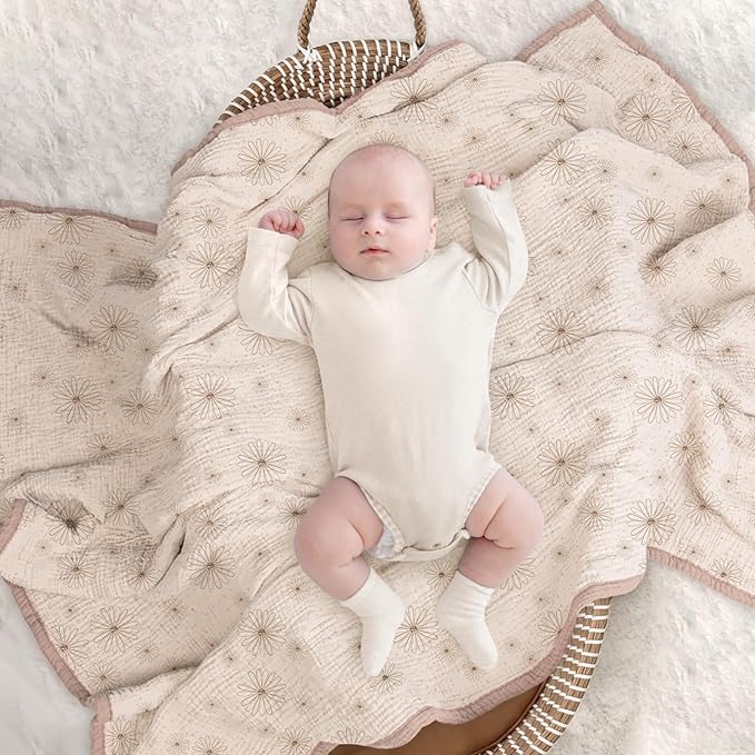 Lulu moon Muslin Quilt Blanket, Crib Blanket for Baby and Toddler,47x47 Inches(Sand Daisy)