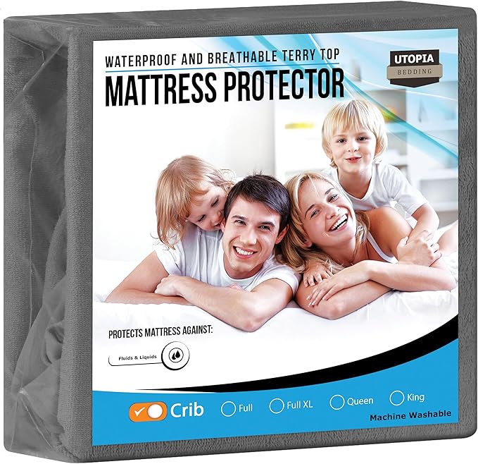 Utopia Bedding Waterproof Mattress Protector Crib Size, Premium Terry Mattress Cover 200 GSM, Breathable, Fitted Style with Stretchable Pockets (Gray)