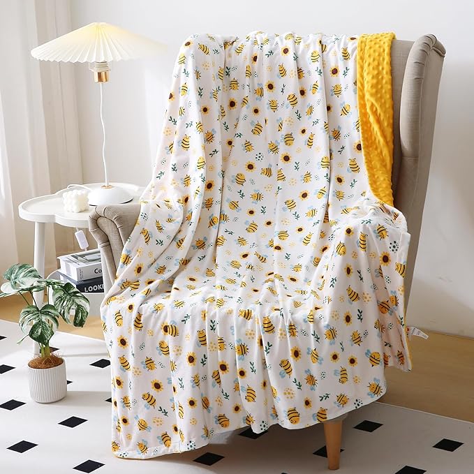 DaysU Silky Micro Soft Plush Baby Blankets Unisex with Print Animal Pattern and Soothing Raised Dots, Double Layer Bed Throws for Toddler Cot, Bee, Yellow, 50x60 Inches