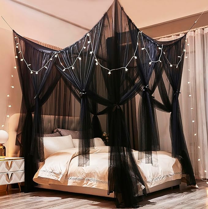 Mengersi Bed Canopy Canopy Bed Curtains with Lights- 4 Corners Post Royal Bed Drapes Mosquito Net- Elegant Bedroom Decoration Accessories for Adults(Queen,Black)
