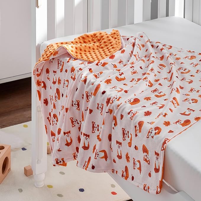 DaysU Silky Micro Soft Plush Baby Blankets Unisex with Print Animal Pattern and Soothing Raised Dots, Double Layer Bed Throws for Baby Crib, Fox, Orange, 30x40 Inches