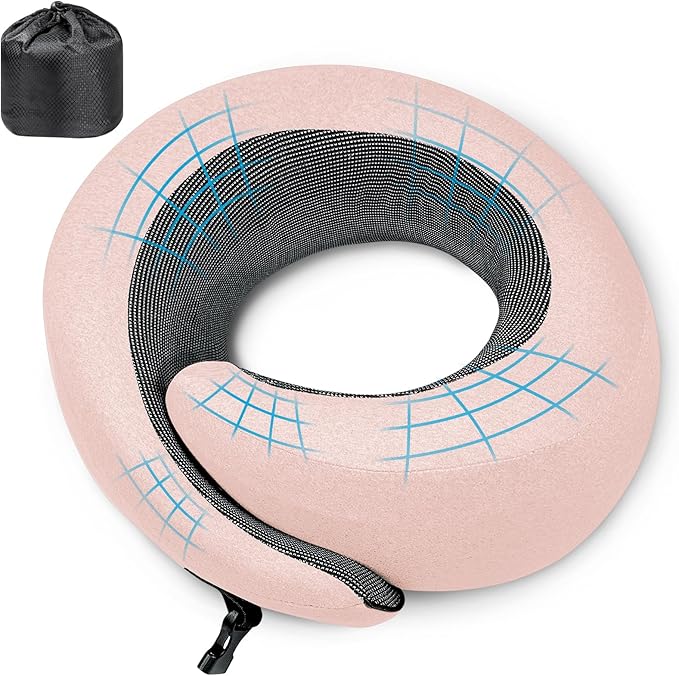 PORTHOLIC 2024 Upgraded Travel Neck Pillow with Buckle,100% Pure Memory Foam Travel Neck Pillow for Airplane Travel Flight Headrest Sleep, Portable Plane Accessories (Pink)