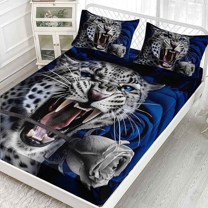 AILONEN Leopard Fitted Sheet Set Twin Size, Roaring Cheetah Print Bed Sheet Set,Blue Rose Bedding Grey Leopard Sheet Set,Wildlife Bed Sheet Set Animal Themed Fitted Sheet and 2 Pillowcases,3 Pieces