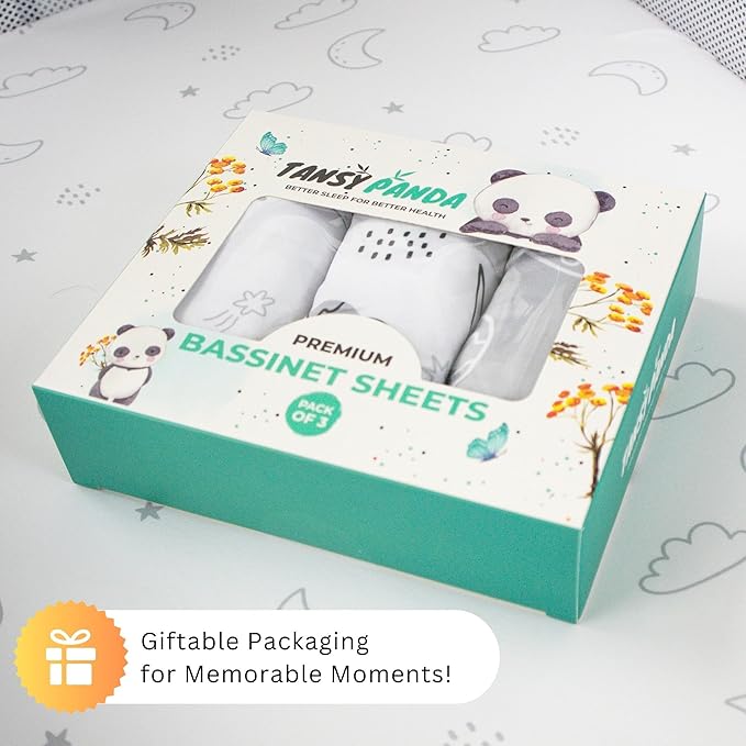 Bassinet Sheets for Maxi-Cosi Iora, Papablic 2 in 1 Bonni, Cowiewie Bassinet Bedside Sleeper, 3 Pack, 33x20 Inch, Ultra Soft, Breathable Snug Fit, Unisex Boys Girls, Gray White (Moon, Stars, Clouds)