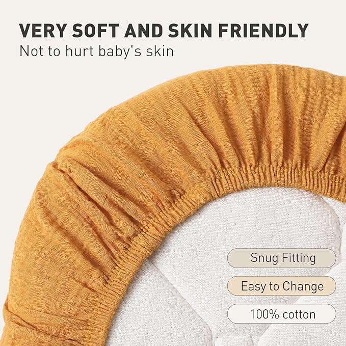 Muslin Bassinet Sheets 2 Pack for Baby Boy and Girl, Breathable Elastic Cozy Fitted Cotton Bassinet Mattress Sheet, Universal Fit for Hourglass Oval and Rectangle Bassinet Mattress (Elegant Colors)