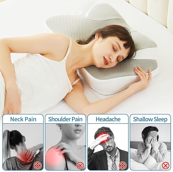 Cervical Neck Pillow for Pain Relief, Contour Memory Foam Pillows for Sleeping, Ergonomic Neck Support Pillow, Suitable for Side Back Stomach Sleepers with Cooling Pillowcase, Grey